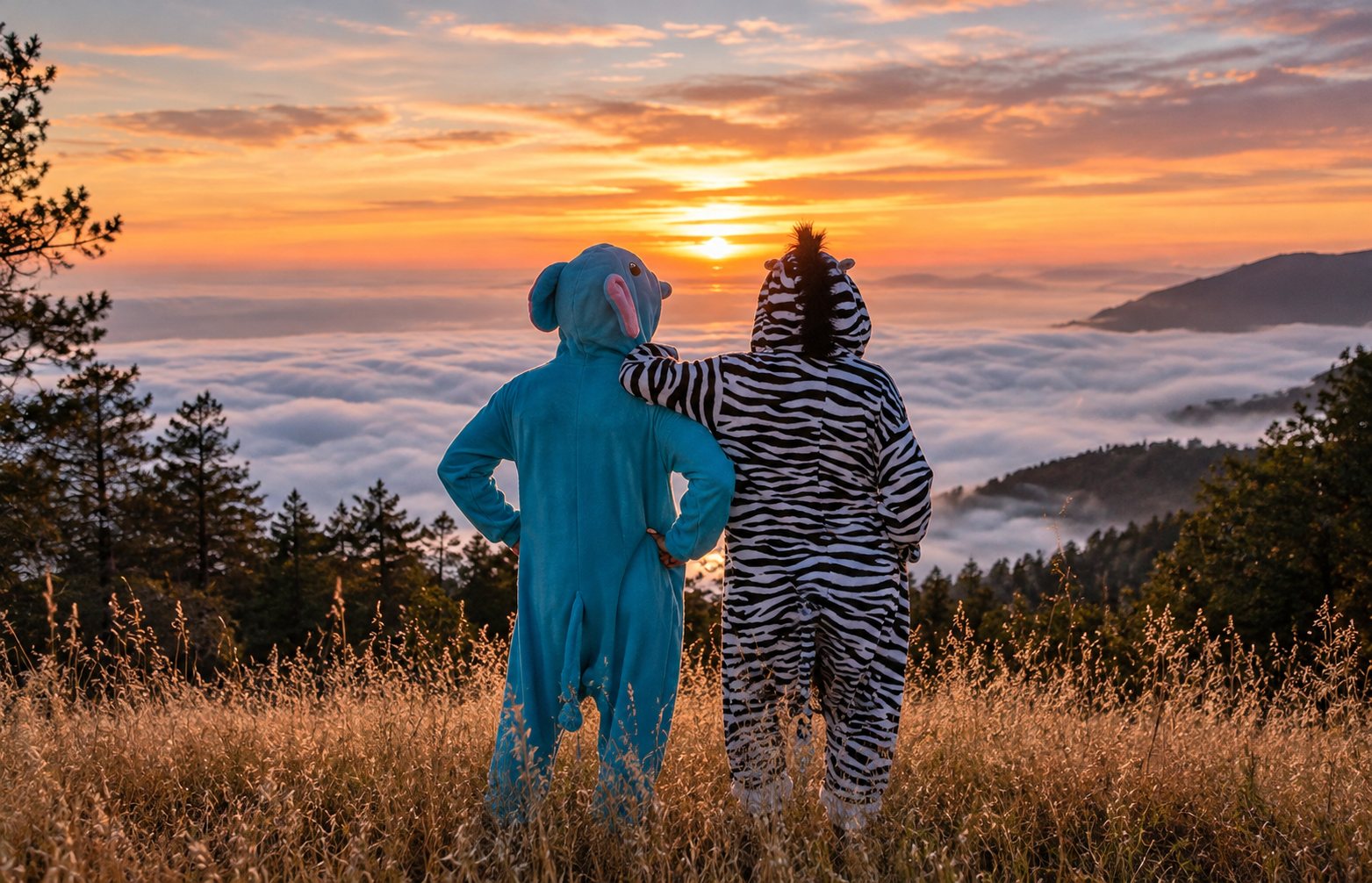 Two people in elephant and zebra onesies stand arm in arm on a hillside, watching the sun set over a sea of clouds.